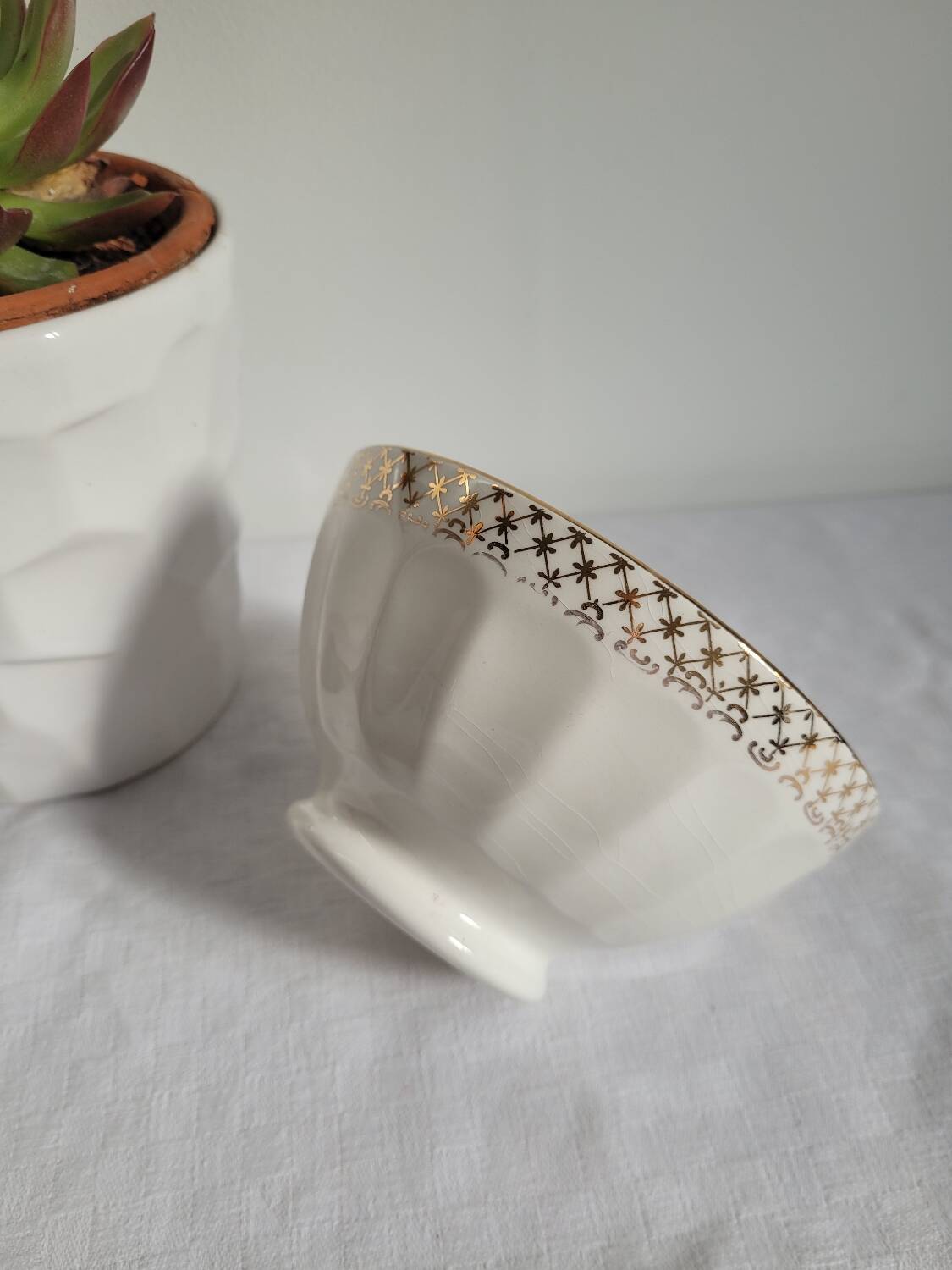 Opaque porcelain bowl with gold trim