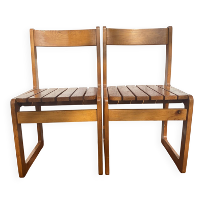 Paire de chaises traîneau vintage en pin massif