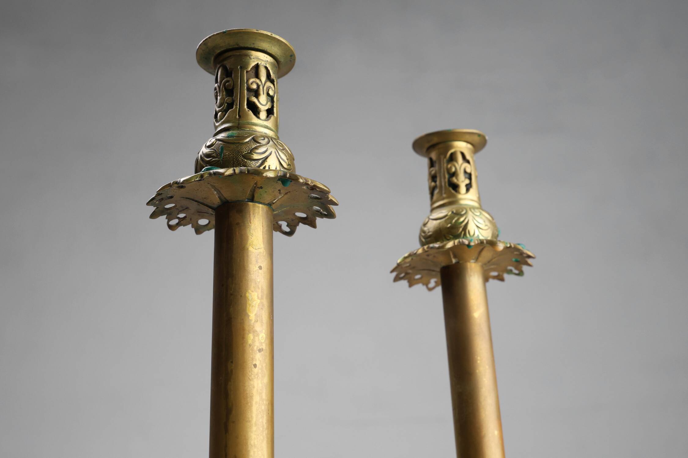 Pair of Antique French copper candlesticks in Baroque style, 1900s