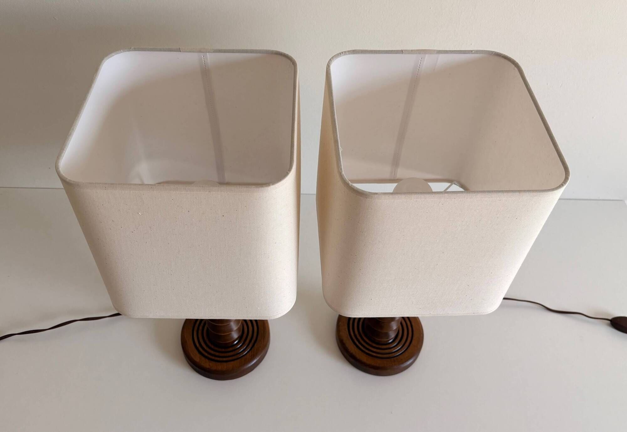Pair of French Art Deco Wooden Table Lamps Attributed to Charles Dudouyt