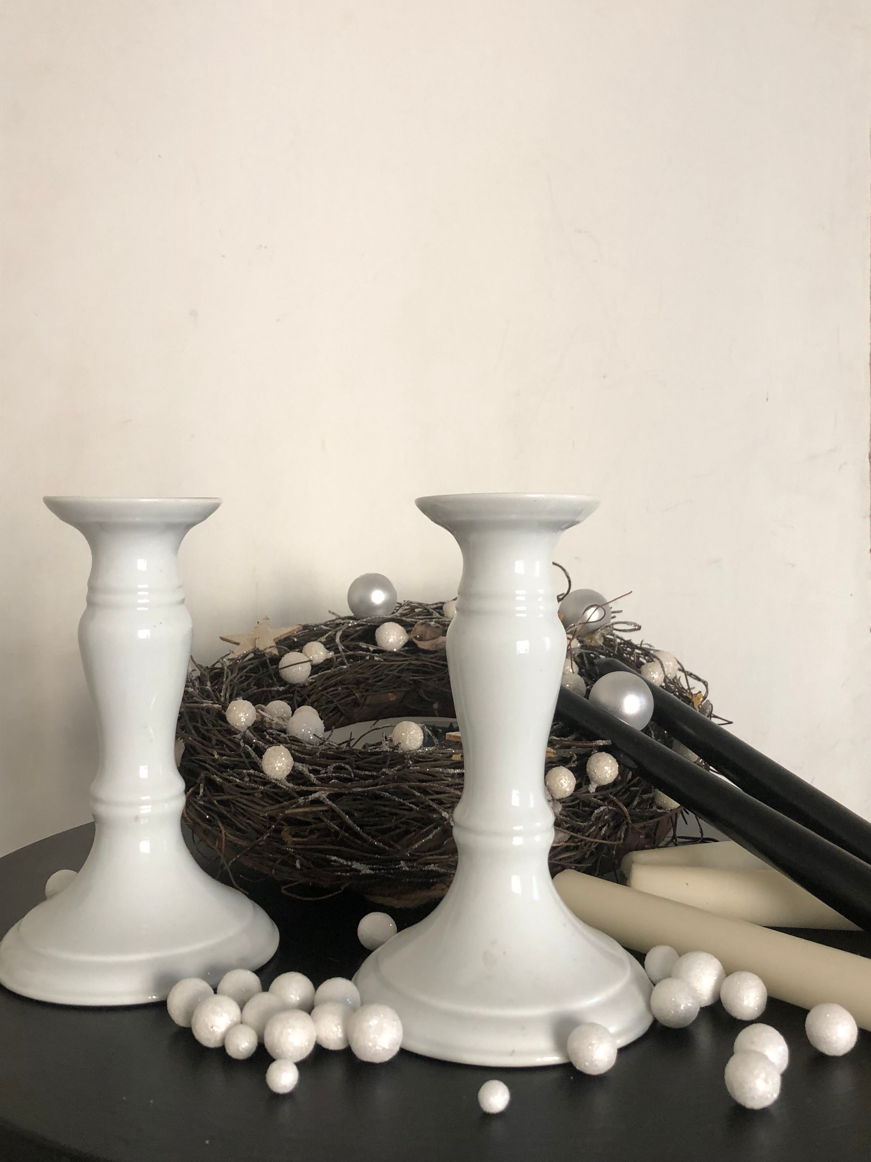 Pair of white candle holders, Limoges porcelain