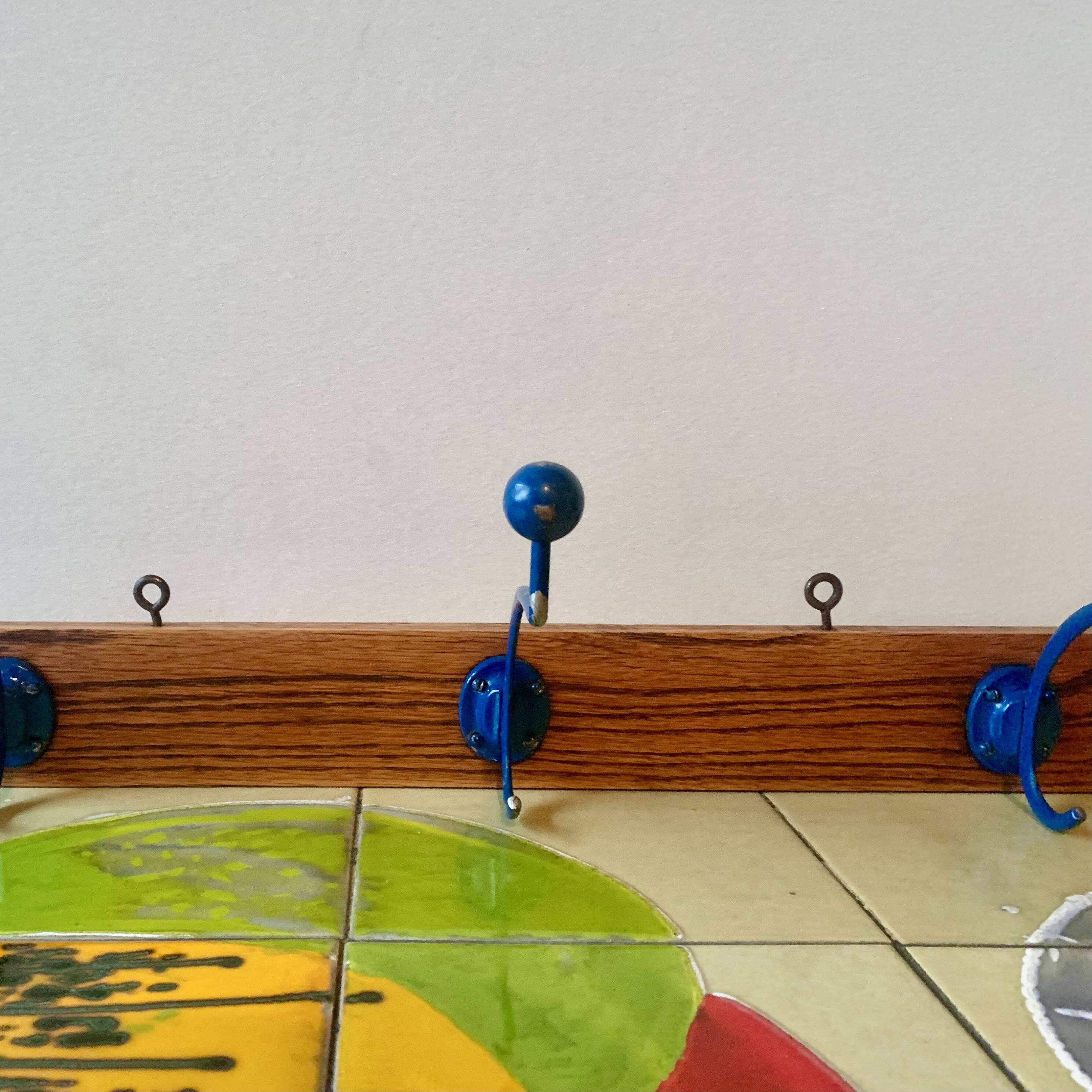 Vintage wooden wall coat rack - triple coat hook with blue metal balls