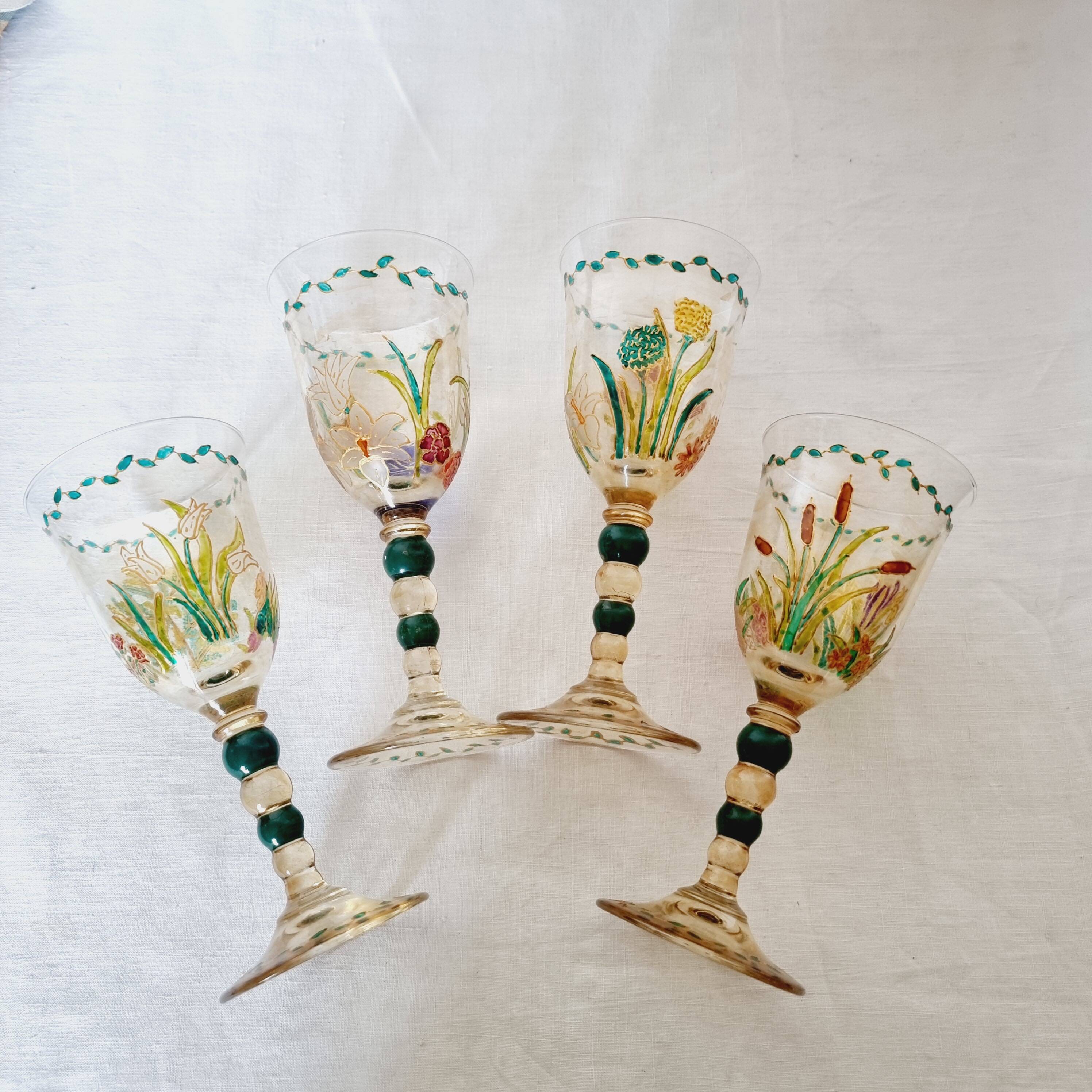 Set of 4 antique hand painted glass water or wine glasses with details inspired by the style