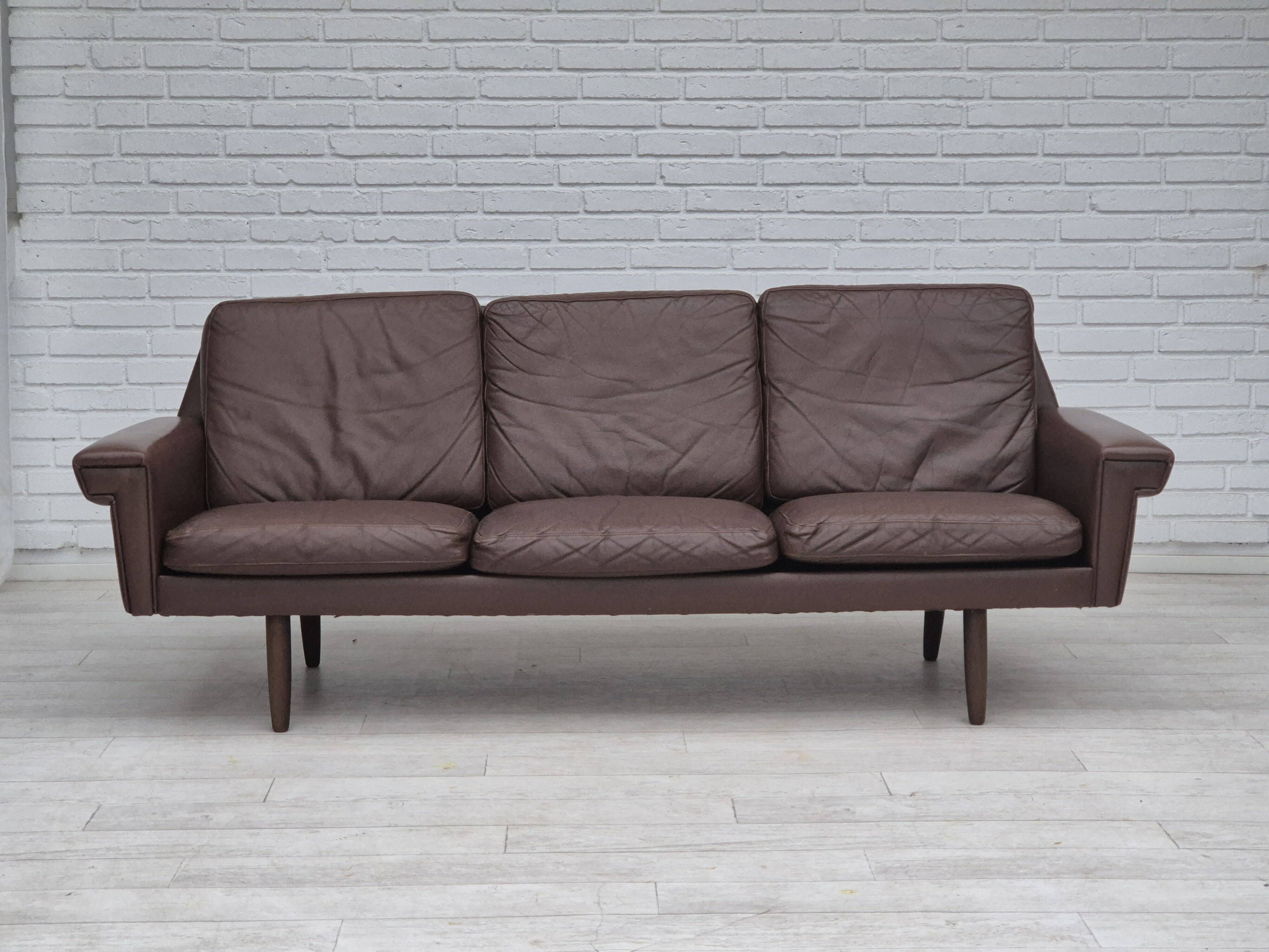 1970s, Danish 3-seater sofa, original brown leather.