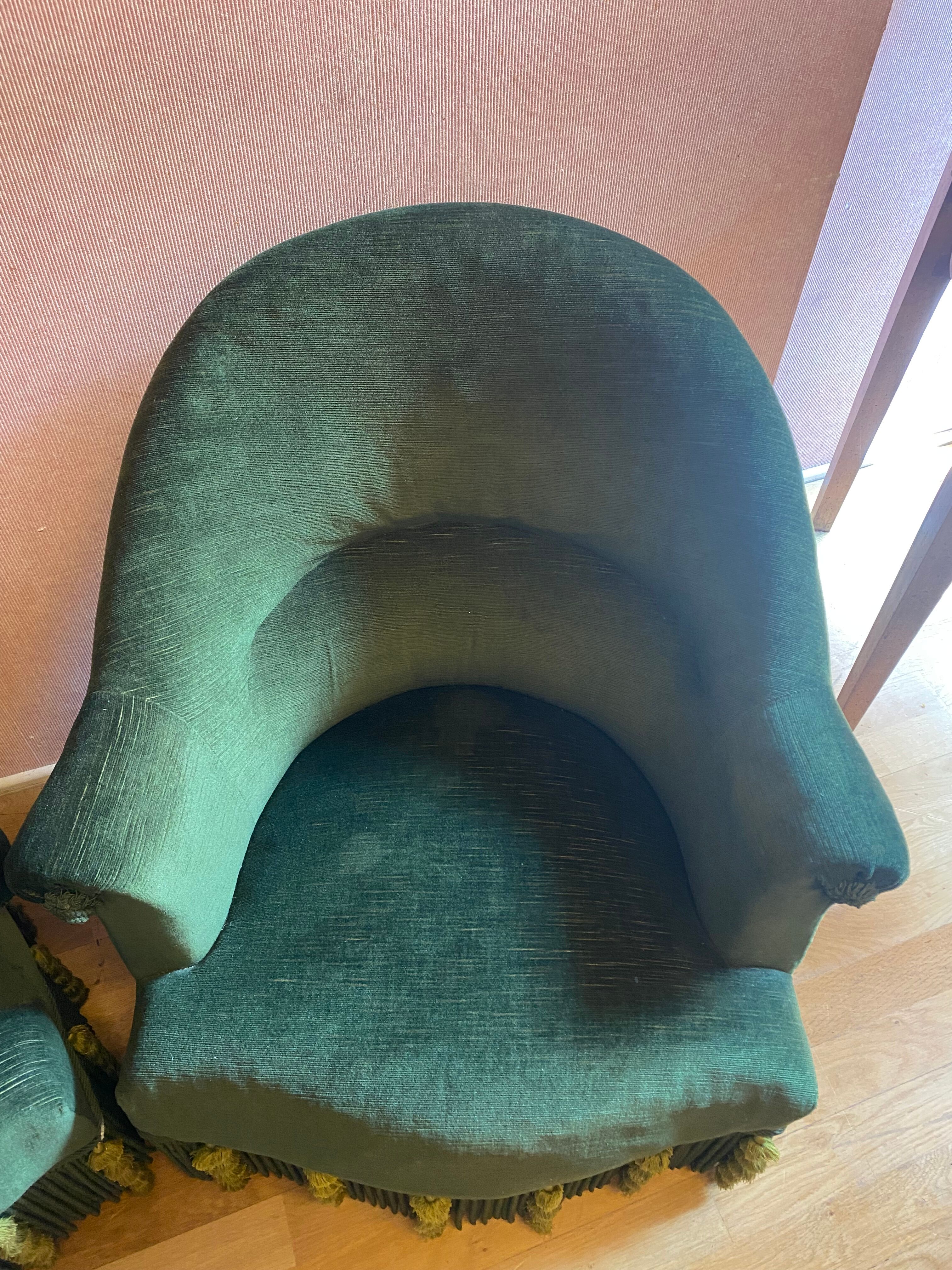 Pair of toad armchairs, duck green