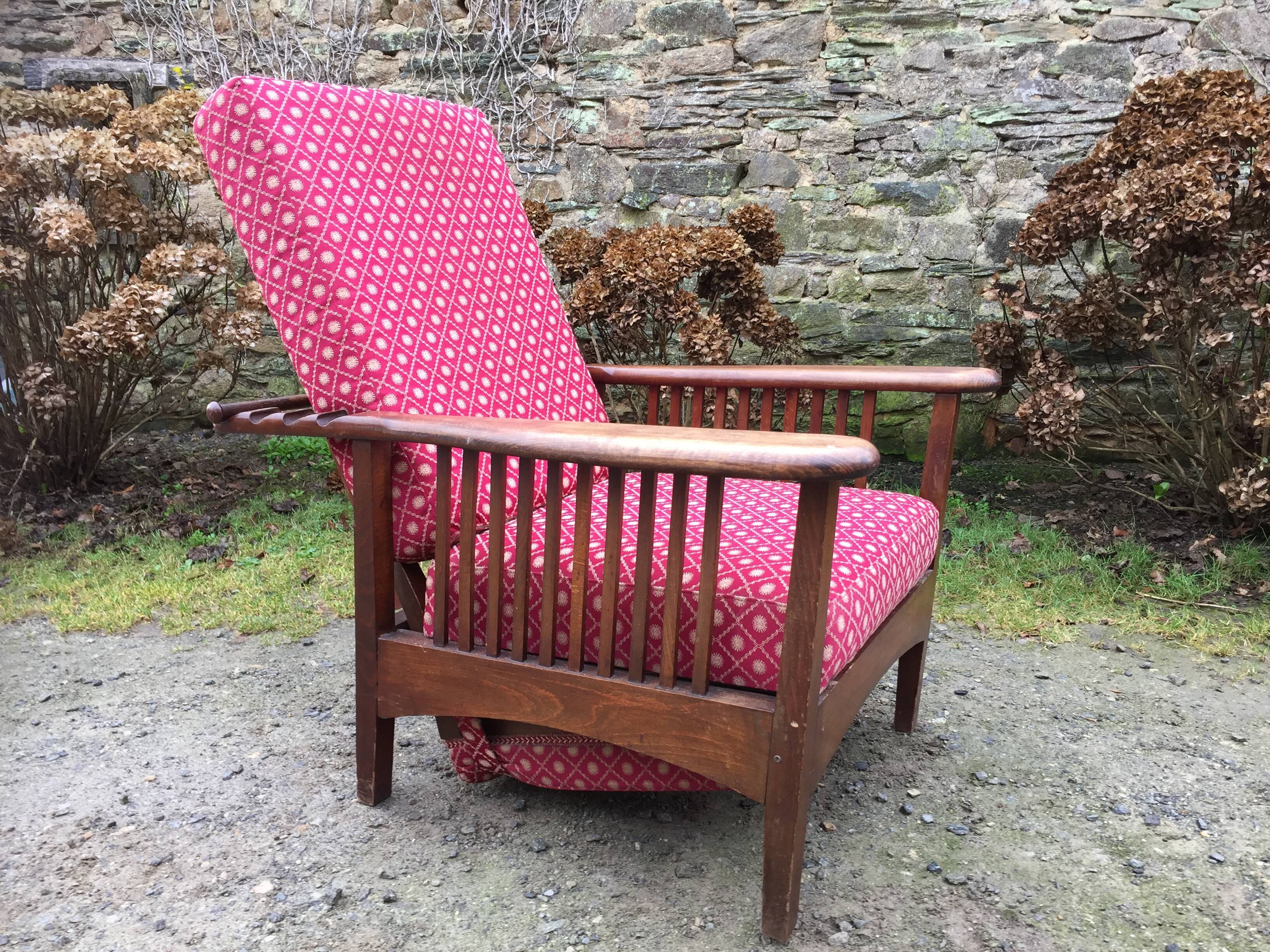 Vintage morris armchair in beech and fabric bordeaux napoleon iii