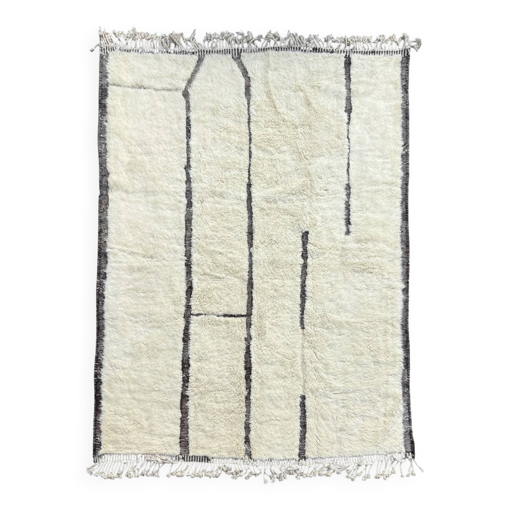 Large Berber M'rirt rug in cream and black wool, Moroccan rug.
