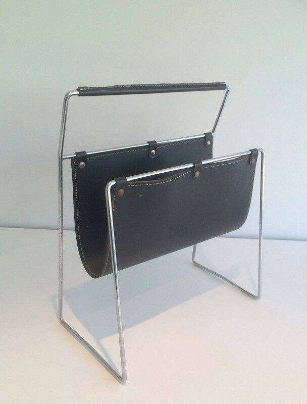 Chrome and black leather magazine rack