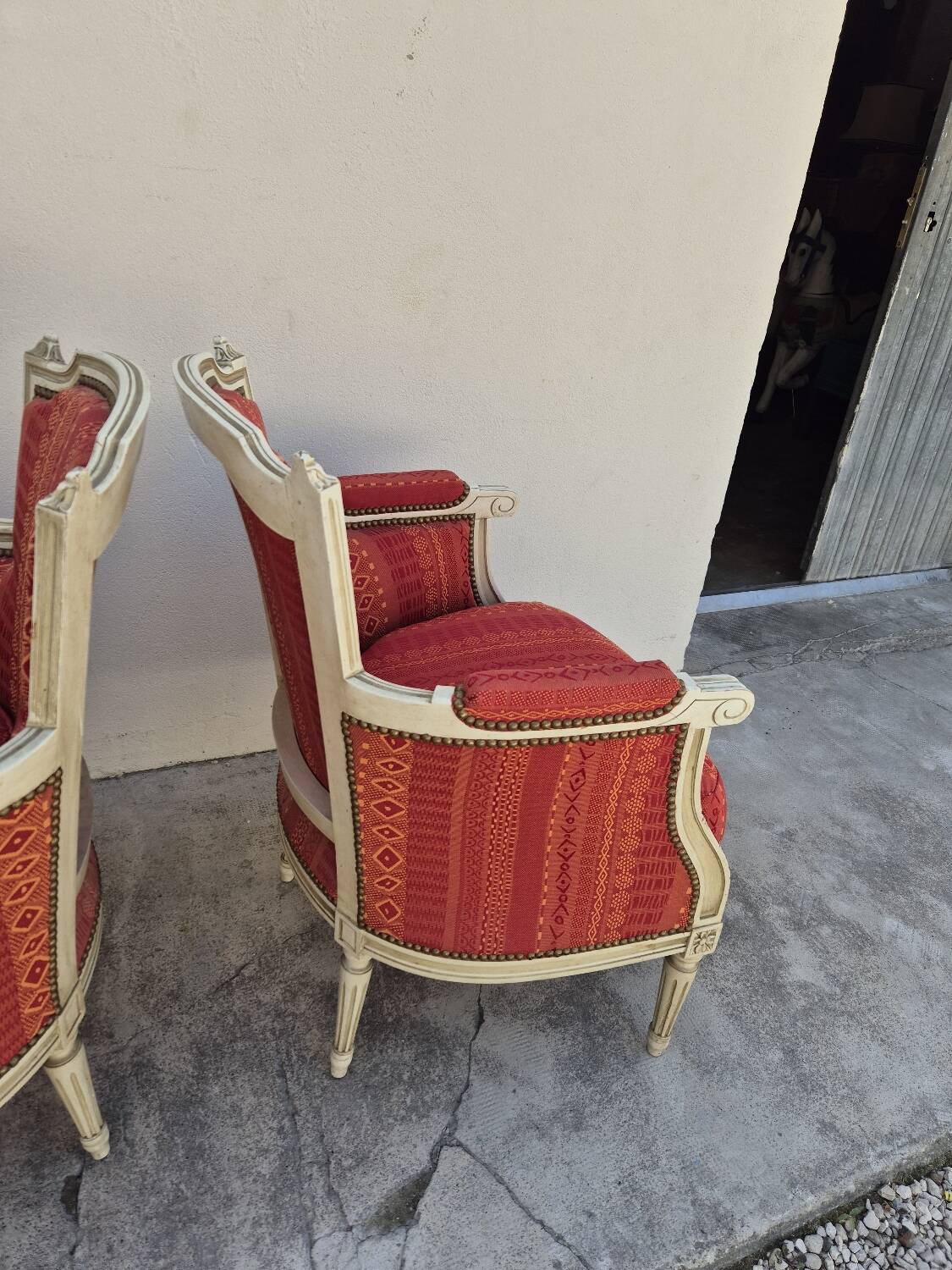 Pair of Louis XVI style bergère armchairs, antique.