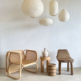 Suspension in rattan and japanese natural linen in the shape of a lantern h50 d30
