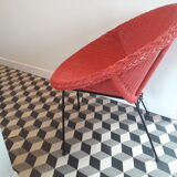 Armchair basket red vintage style frame metal seat wicker rattan scoubidou