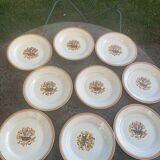 8 flat plates, Carnation model, art deco, CREIL ET MONTEREAU, floral pattern, old