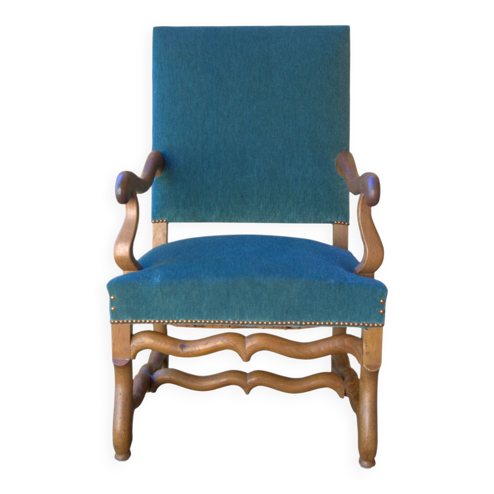 Antique Louis XIII style armchair, duck blue velvet, 67x112cm, G.Besnard