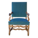 Antique Louis XIII style armchair, duck blue velvet, 67x112cm, G.Besnard