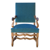 Antique Louis XIII style armchair, duck blue velvet, 67x112cm, G.Besnard