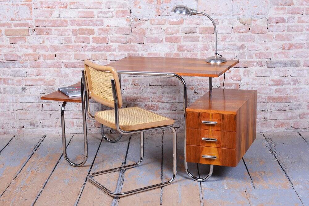 Czech Bauhaus Writing Desk in Walnut and Chrome attributed to Robert Slezak for Slezak Factories, 1940s