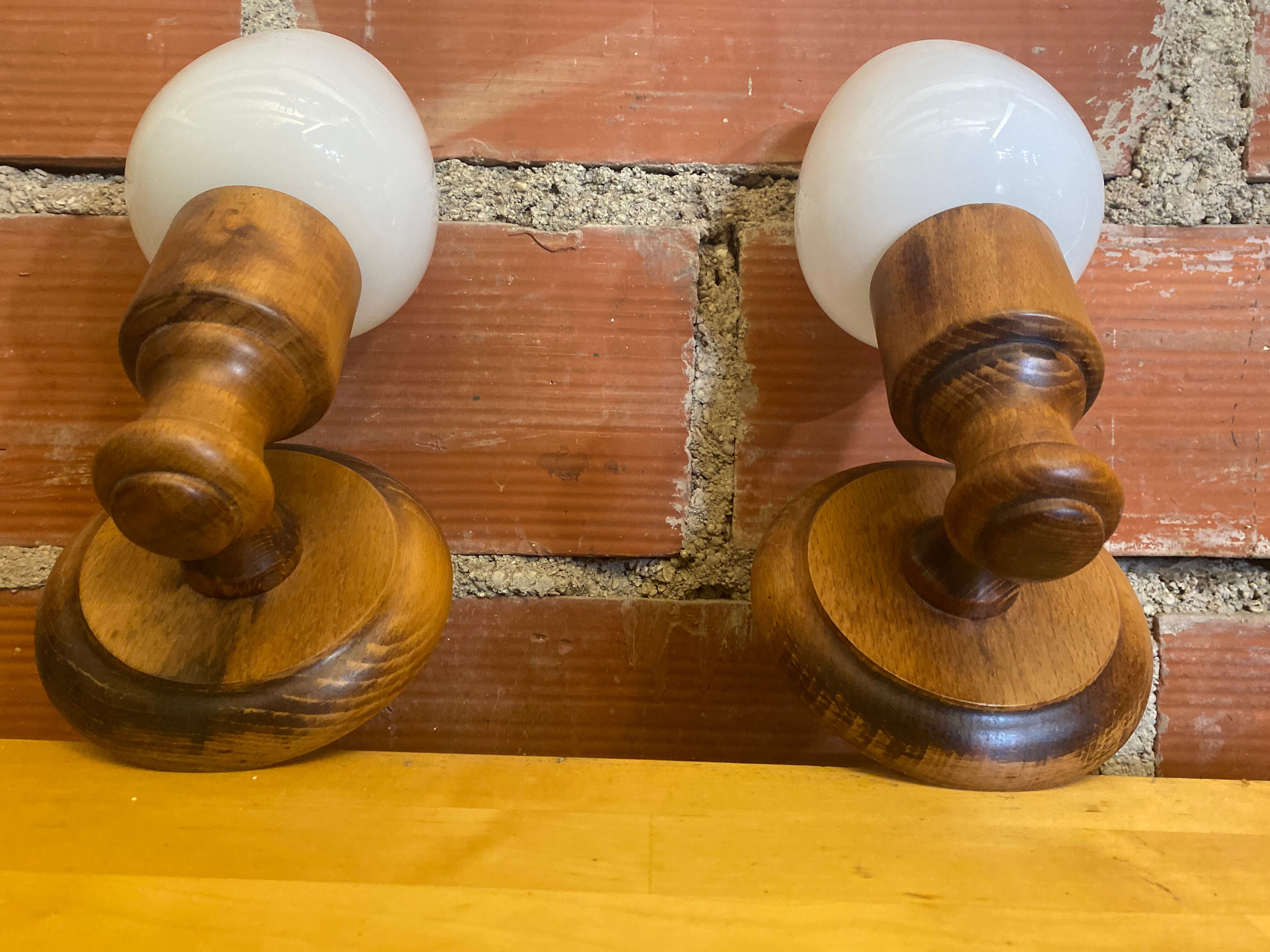 Vintage 1970s Pair of Wall Lights Beech + White Opaline Glass