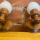 Vintage 1970s Pair of Wall Lights Beech + White Opaline Glass