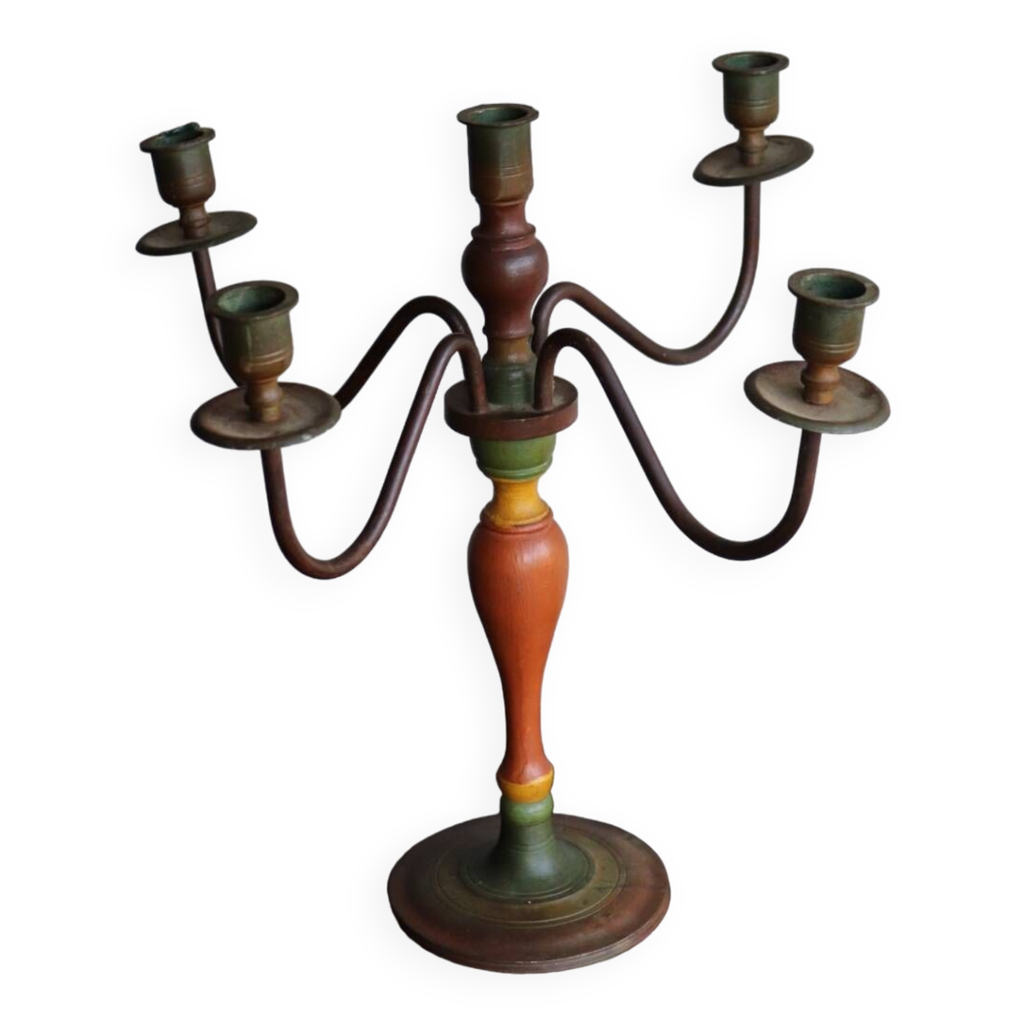 Old candlestick in painted wood and folding metal