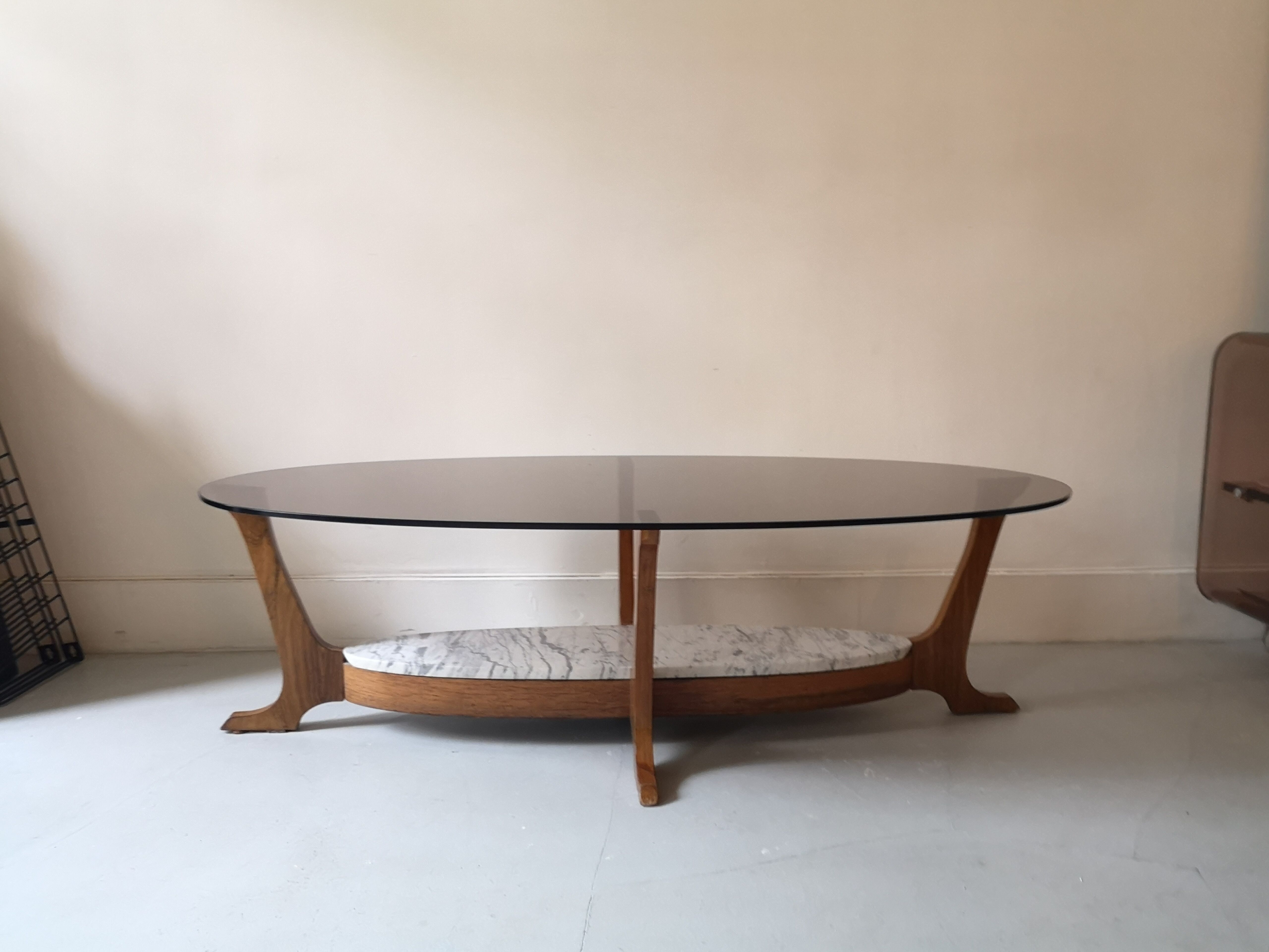 Table basse en verre marbre et bois, Hugues Poignant 1970