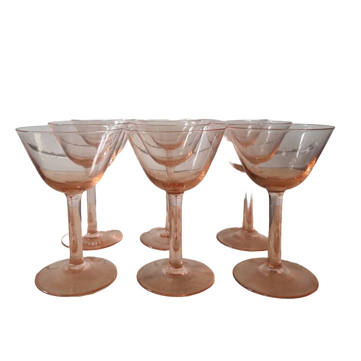 French Pink aperitif glasses set of 9, from the 1930s
