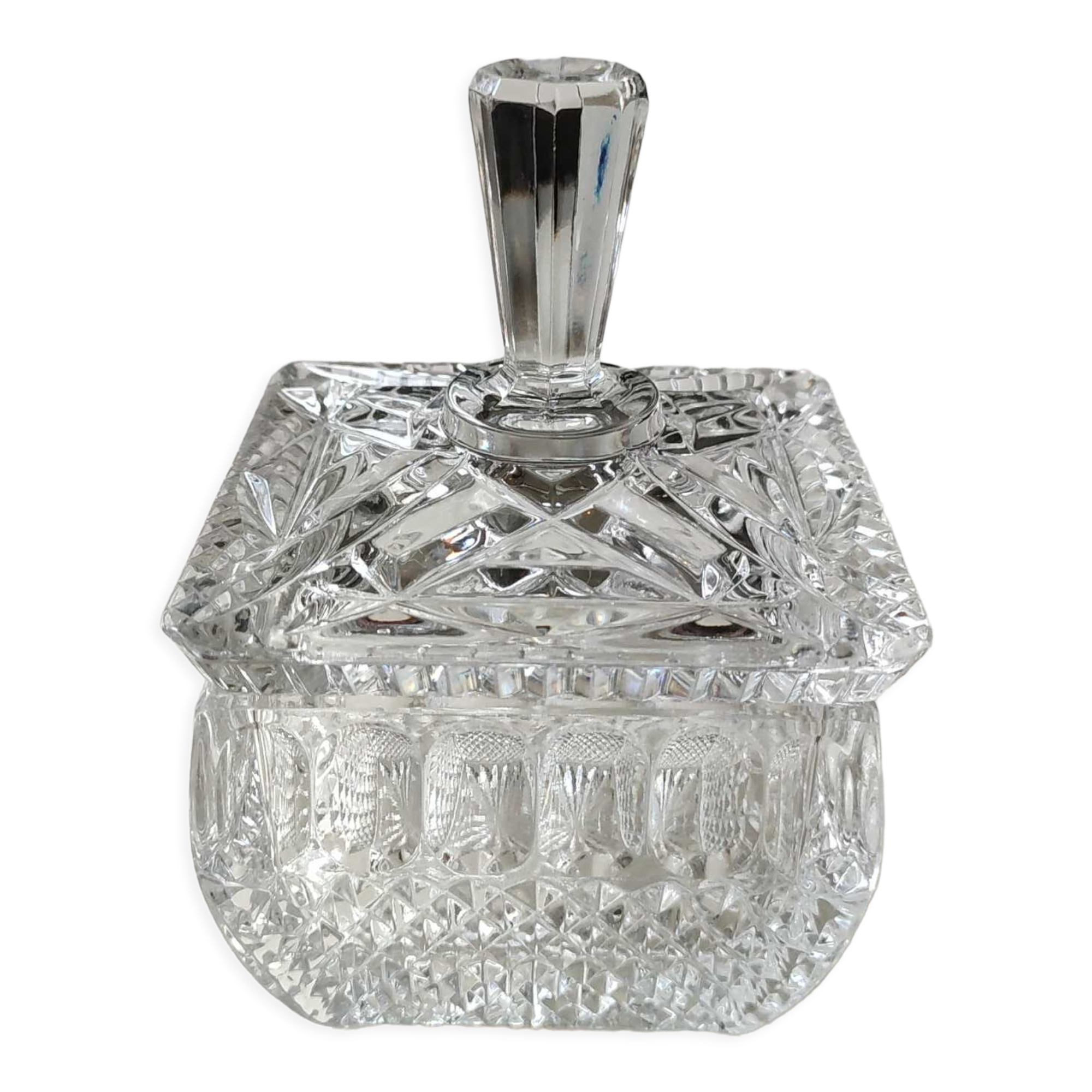 Sucrier vintage de forme carrée en cristal motifs croisillons, losanges, écailles