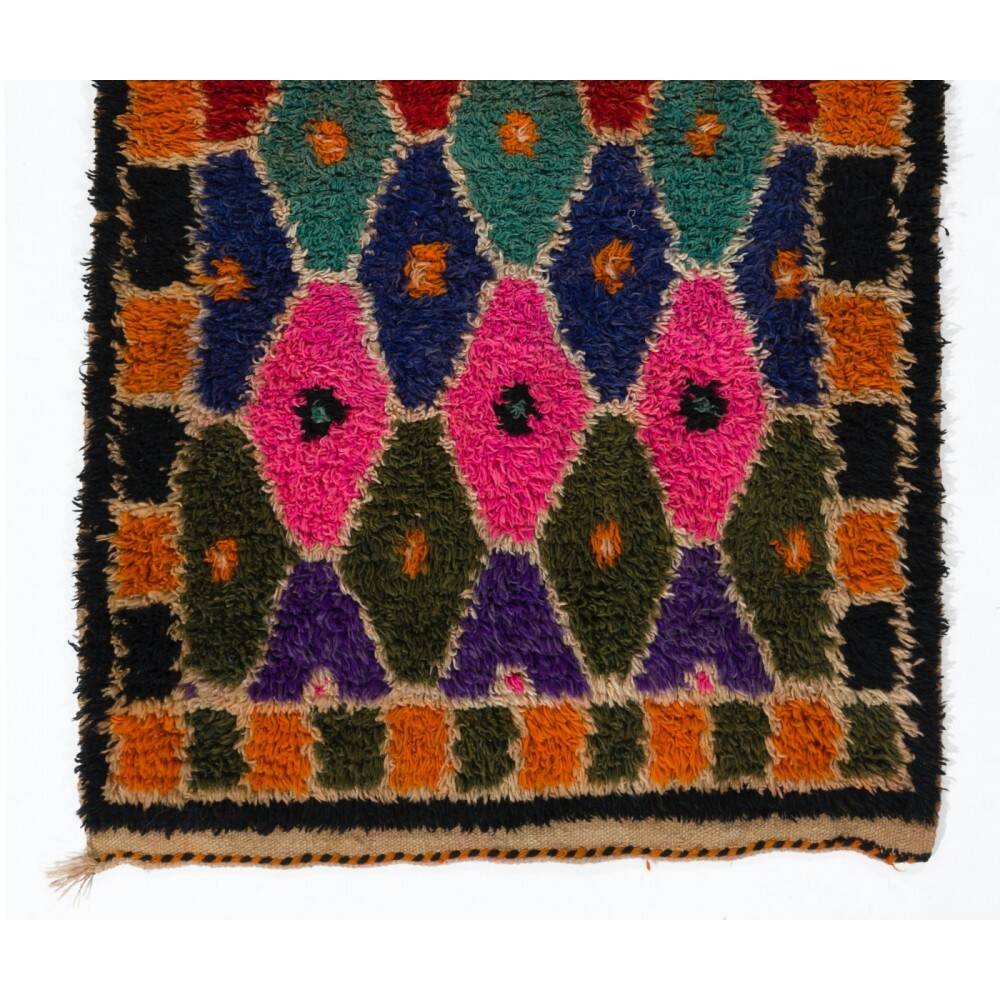 Colorful Vintage Hand-Knotted Turkish Tulu Rug with Geometric Diamond Design, 100% Wool