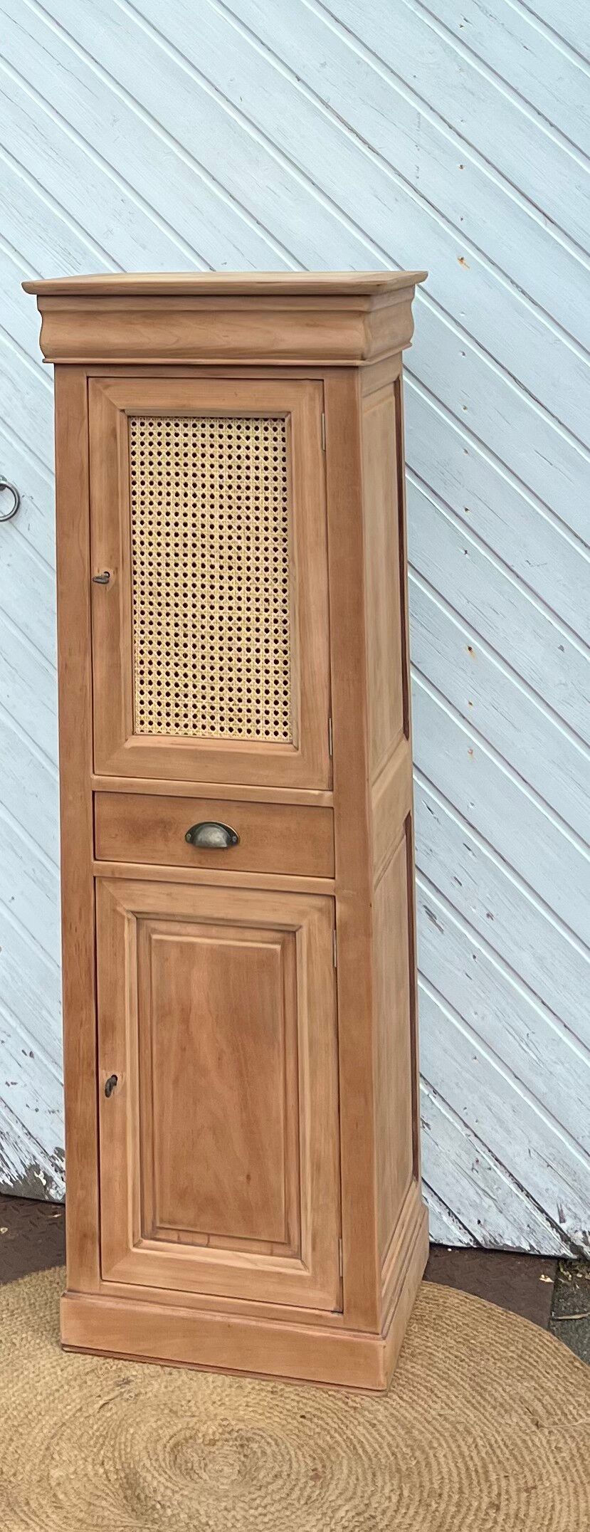 Small renovated cupboard: bonnetière / tall boy in raw solid wood.