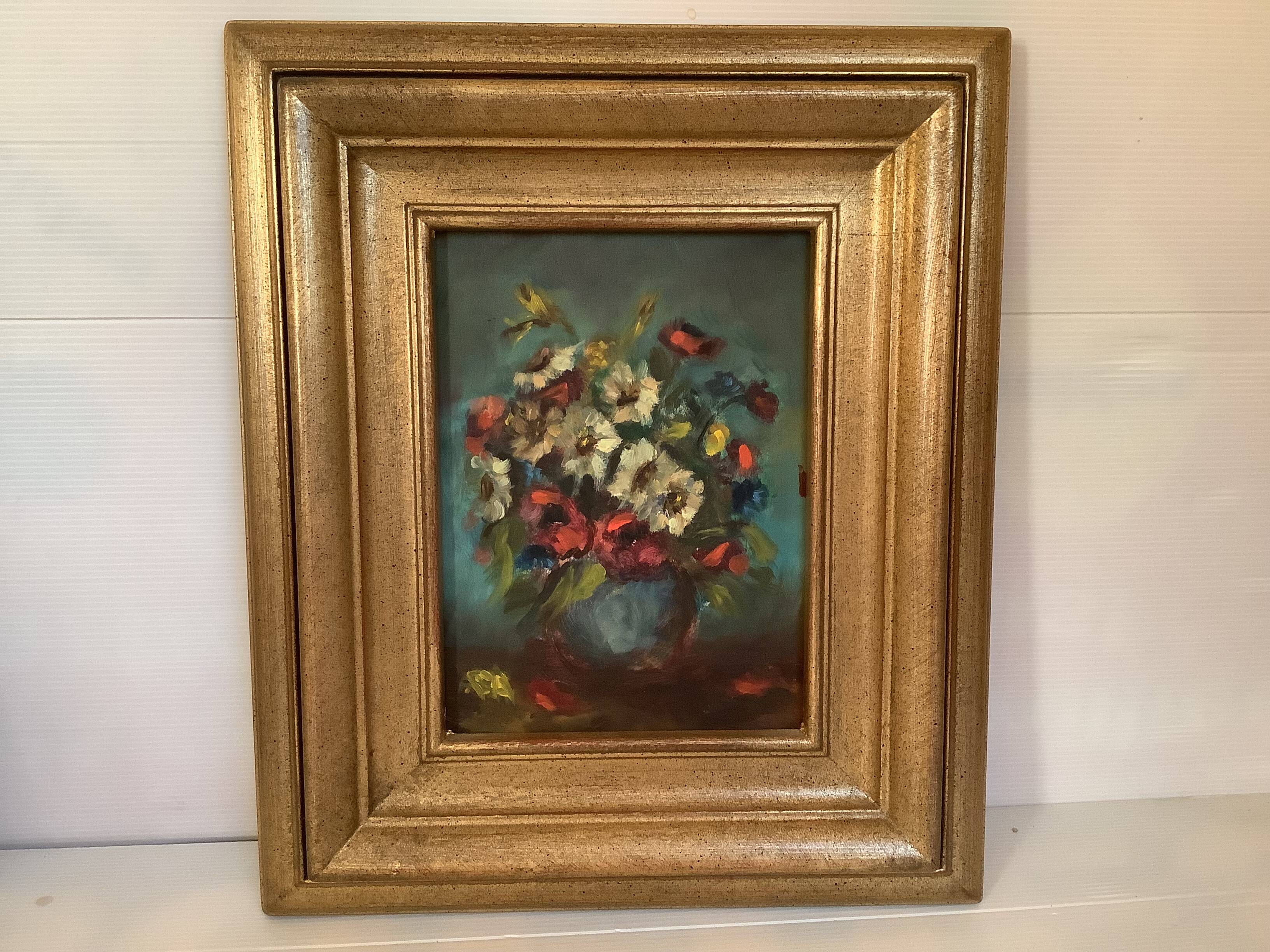 Still life of a bouquet of flowers, oil on cardboard.