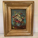 Still life of a bouquet of flowers, oil on cardboard.