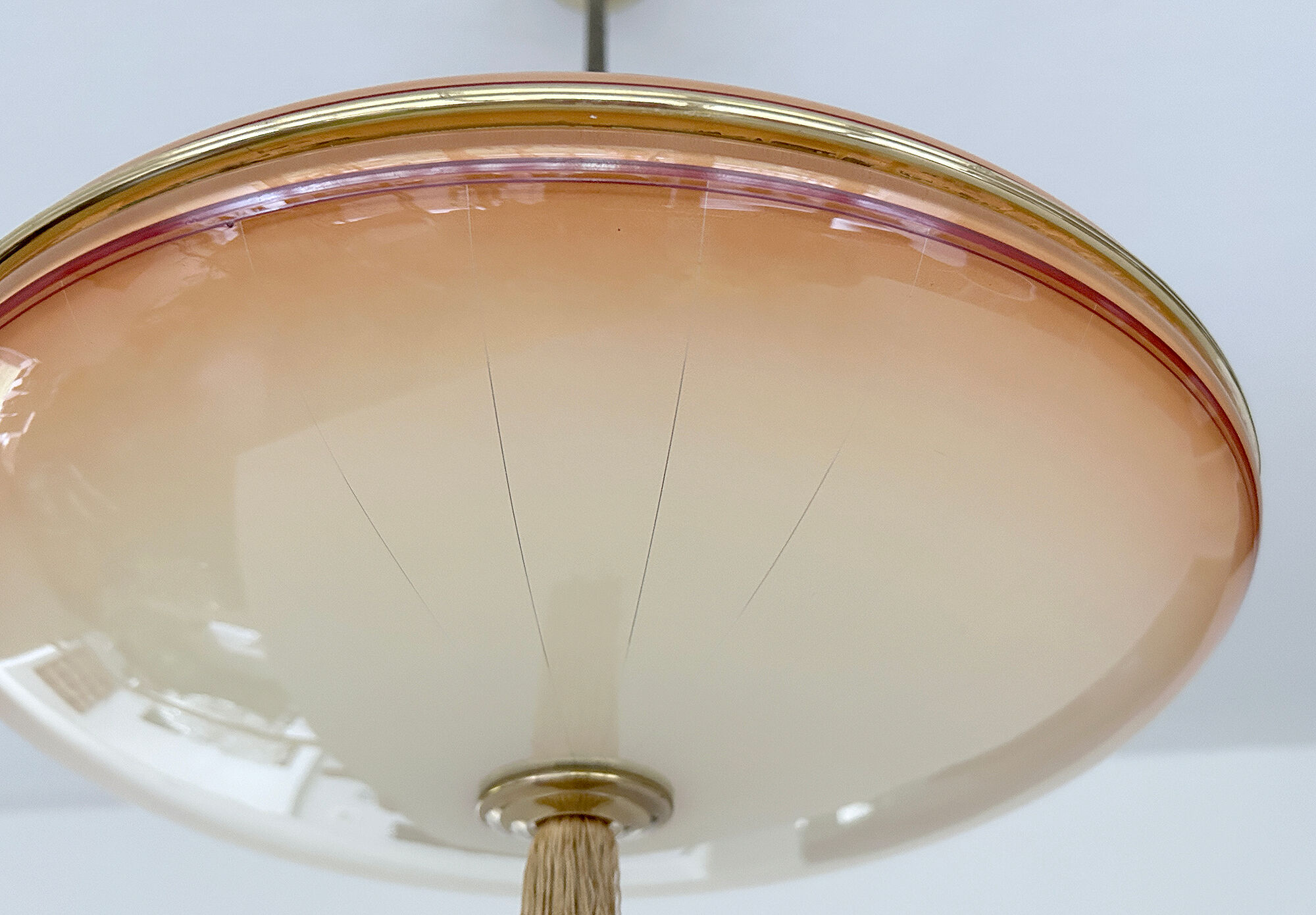 Vintage art deco pendant lamp, gradient glass, red beige, brass, 30 years