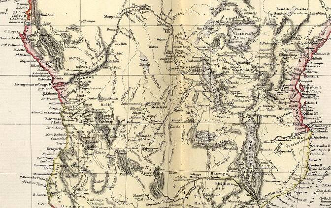 Antique map of Africa, Mauritius. Bourbon (Reunion) circa 1882, Blackie and Sons, Londn=on
