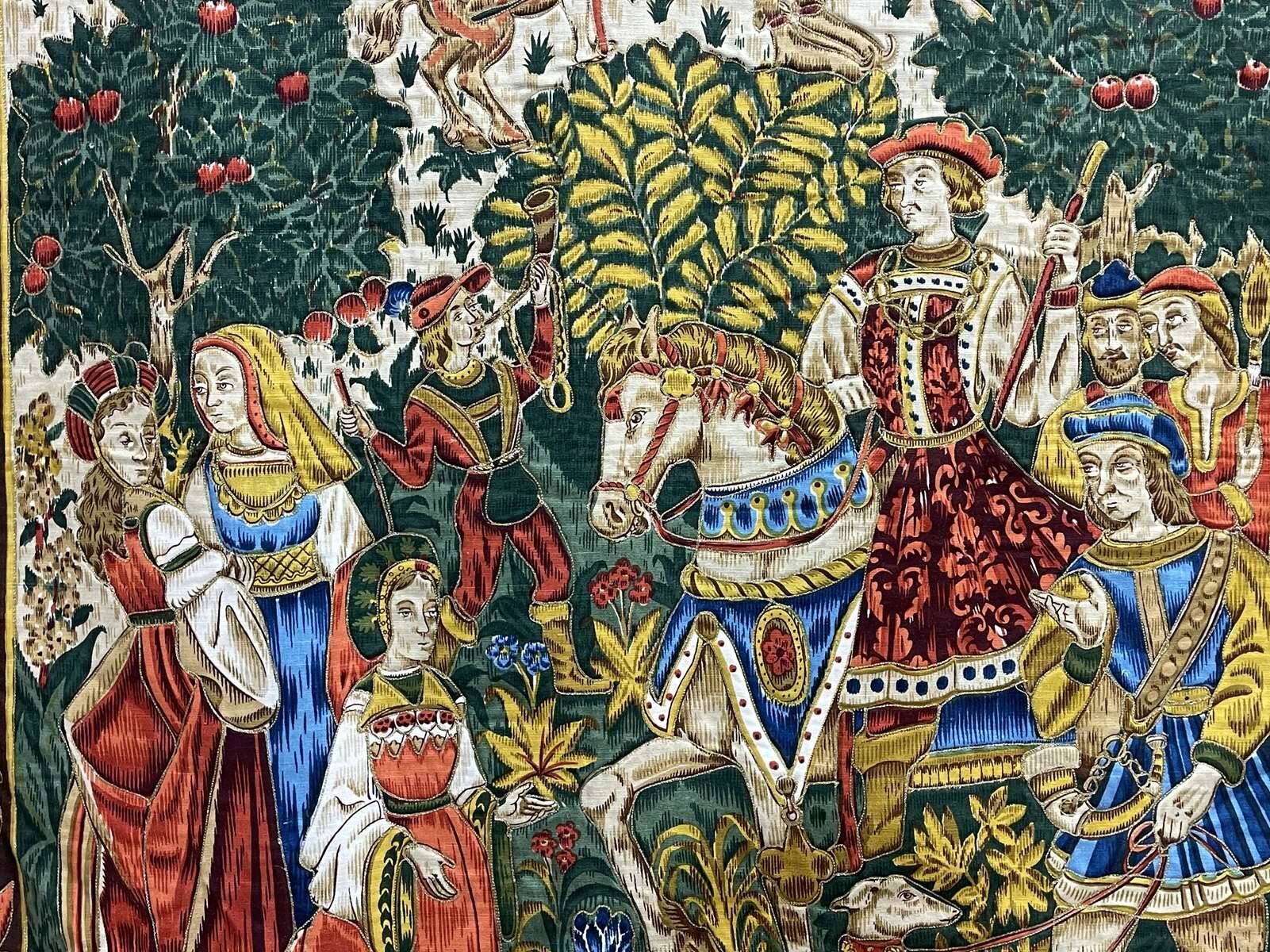 Printed tapestry and embroidery decorated with a medieval hunting scene - 1m50x1m12