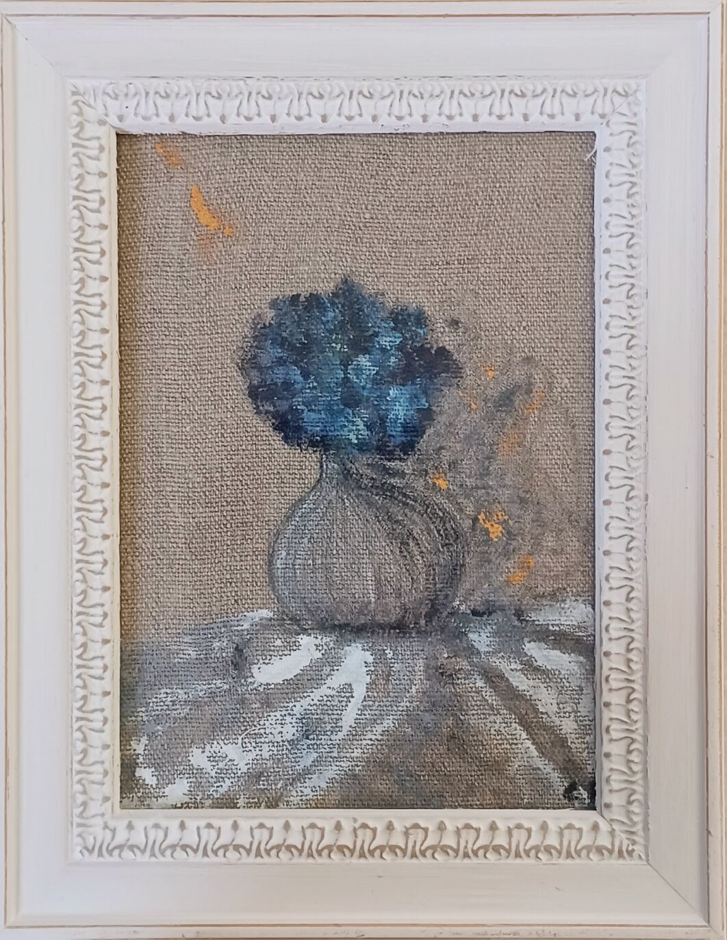 Painting on linen, blue hydrangea.
