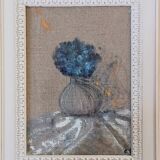 Painting on linen, blue hydrangea.