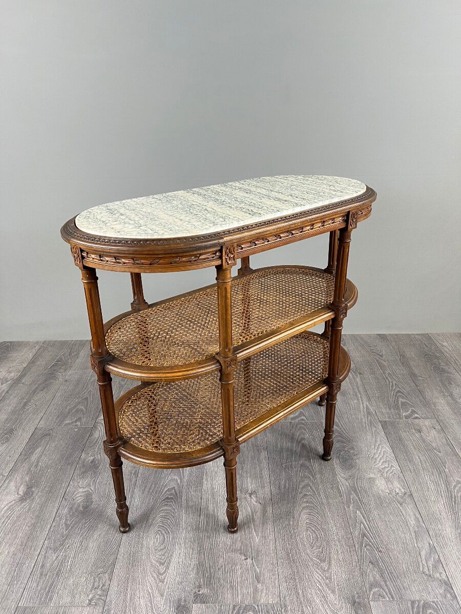 Table desserte de style Louis XVI en bois sculpté, marbre et cannage, XIXe Siècle