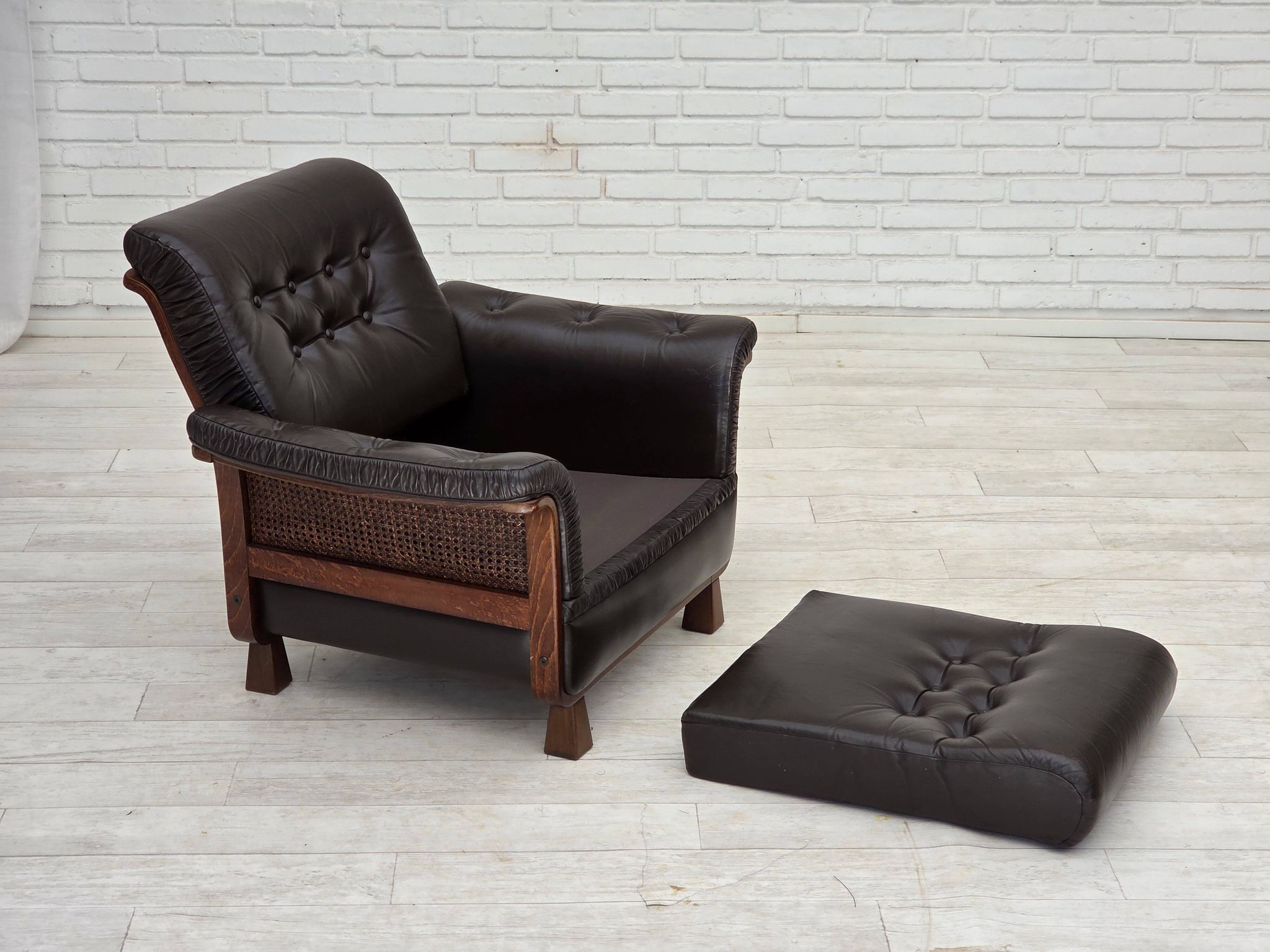1970s, Scandinavian armchair, brown furniture leather, teak wood legs.
