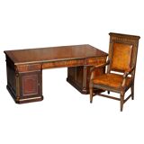Restored antique Russian hardwood partner desk and leather armchair.