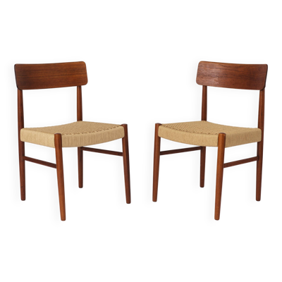 2 chaises de salle à manger des années 1960 - danoises, teck, assises en corde de papier