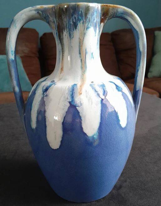 Blue and ocher enamelled stoneware vase with amphora-style handles