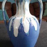 Blue and ocher enamelled stoneware vase with amphora-style handles