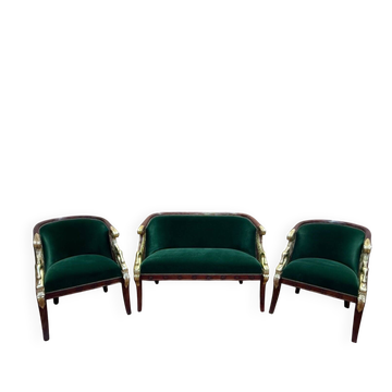 Salon Empire canapé et fauteuils en acajou décor de têtes de cygnes dorées