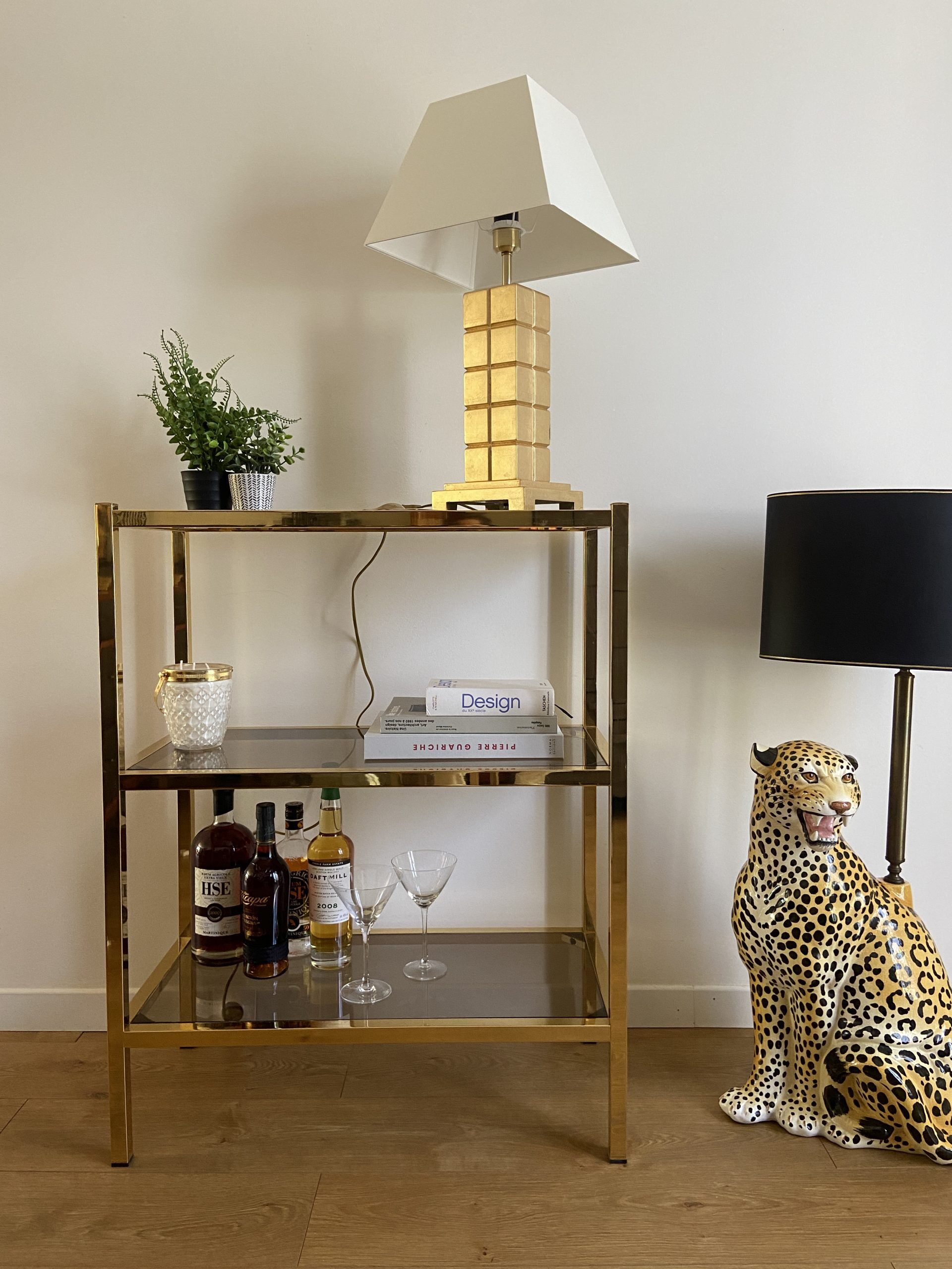 VINTAGE SHELF CONSOLE IN GOLD METAL AND SMOKED GLASS