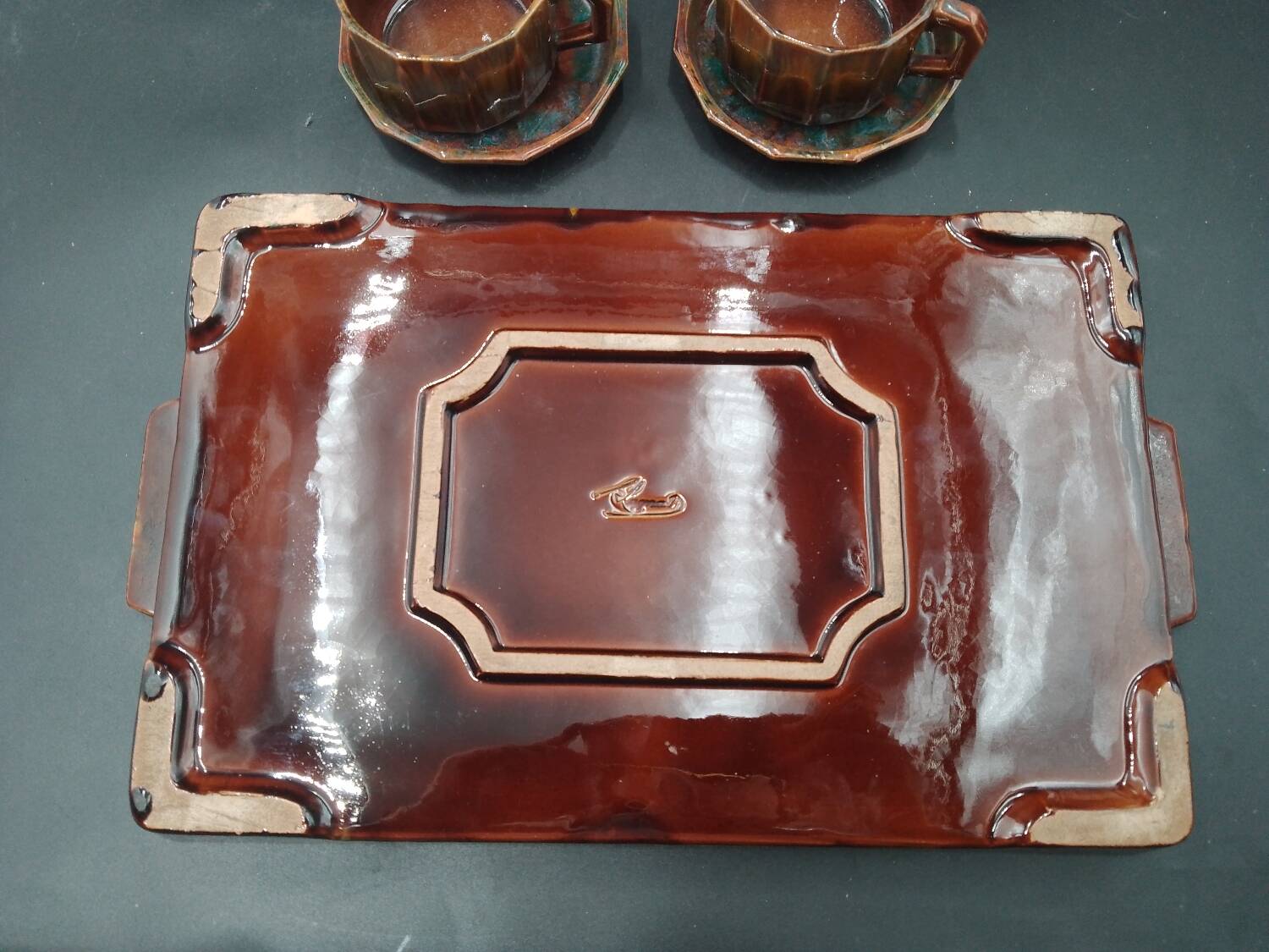 Tête-à-tête coffee service in Puisaye stoneware signed Louis Cagnat, Art Deco
