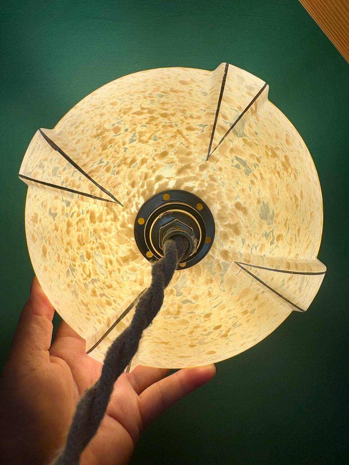 Vintage art deco pendant light with a yellow and white Clichy glass lampshade