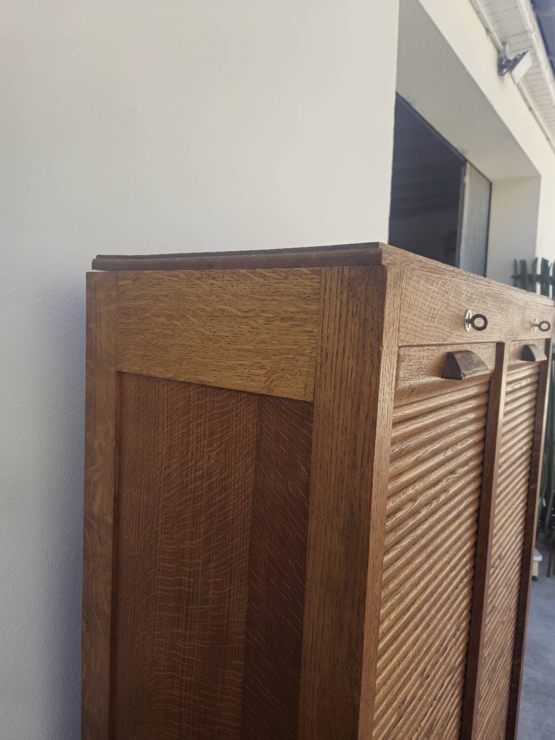 Antique 1950s double sliding door filing cabinet with curtains