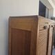 Antique 1950s double sliding door filing cabinet with curtains