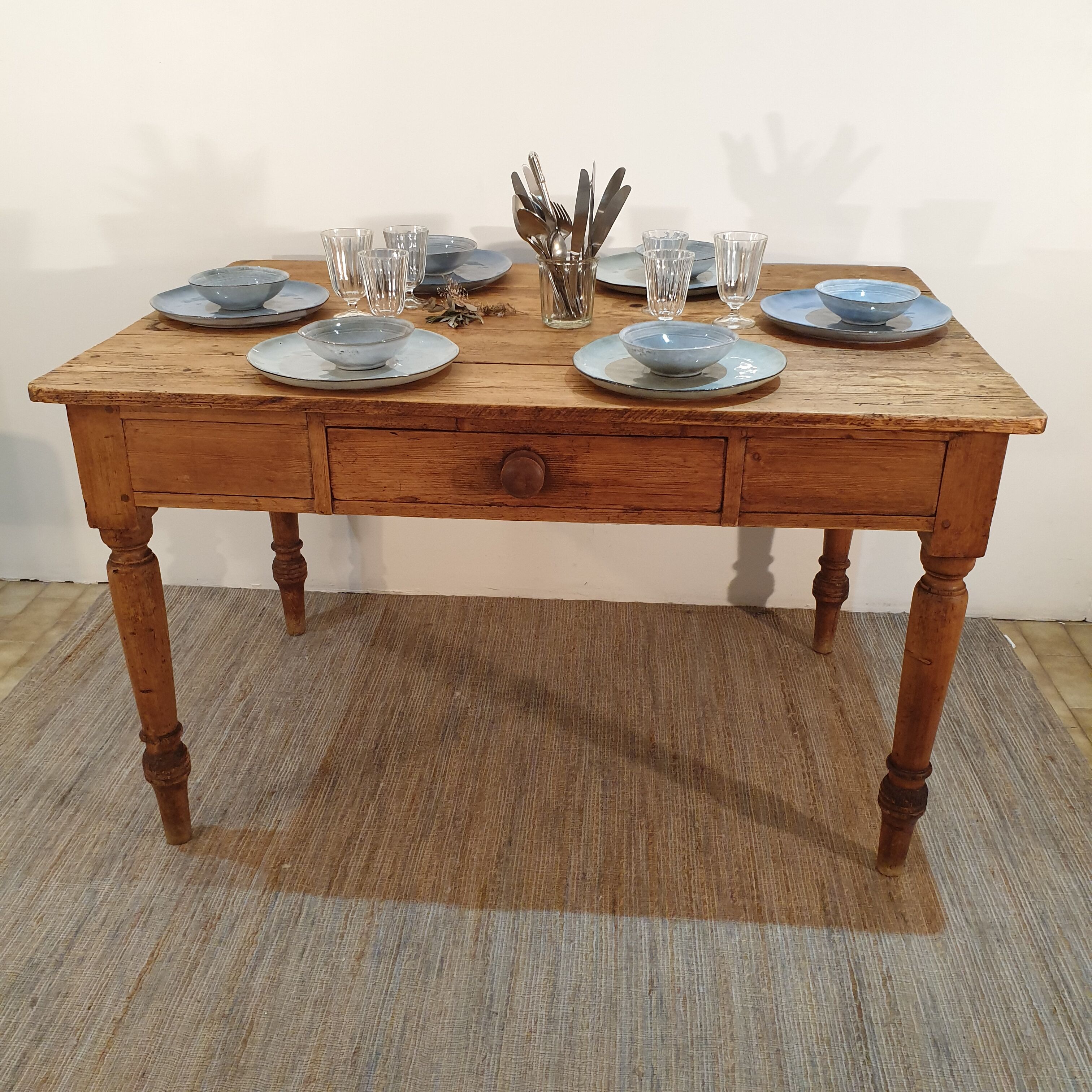 Old solid wood farmhouse table pitchpin turned legs 1 drawer