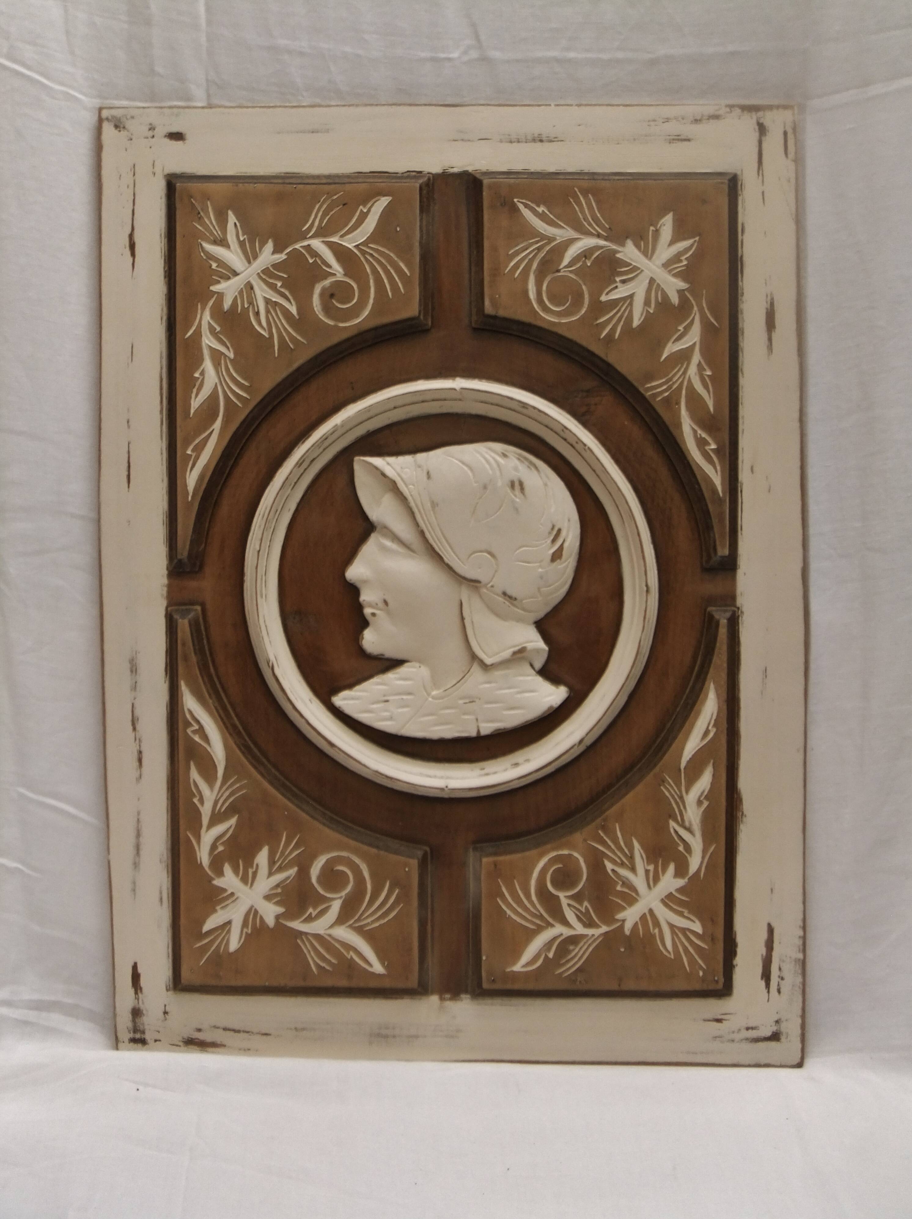 Large bas relief painting medallion woman patina wooden frame ornament