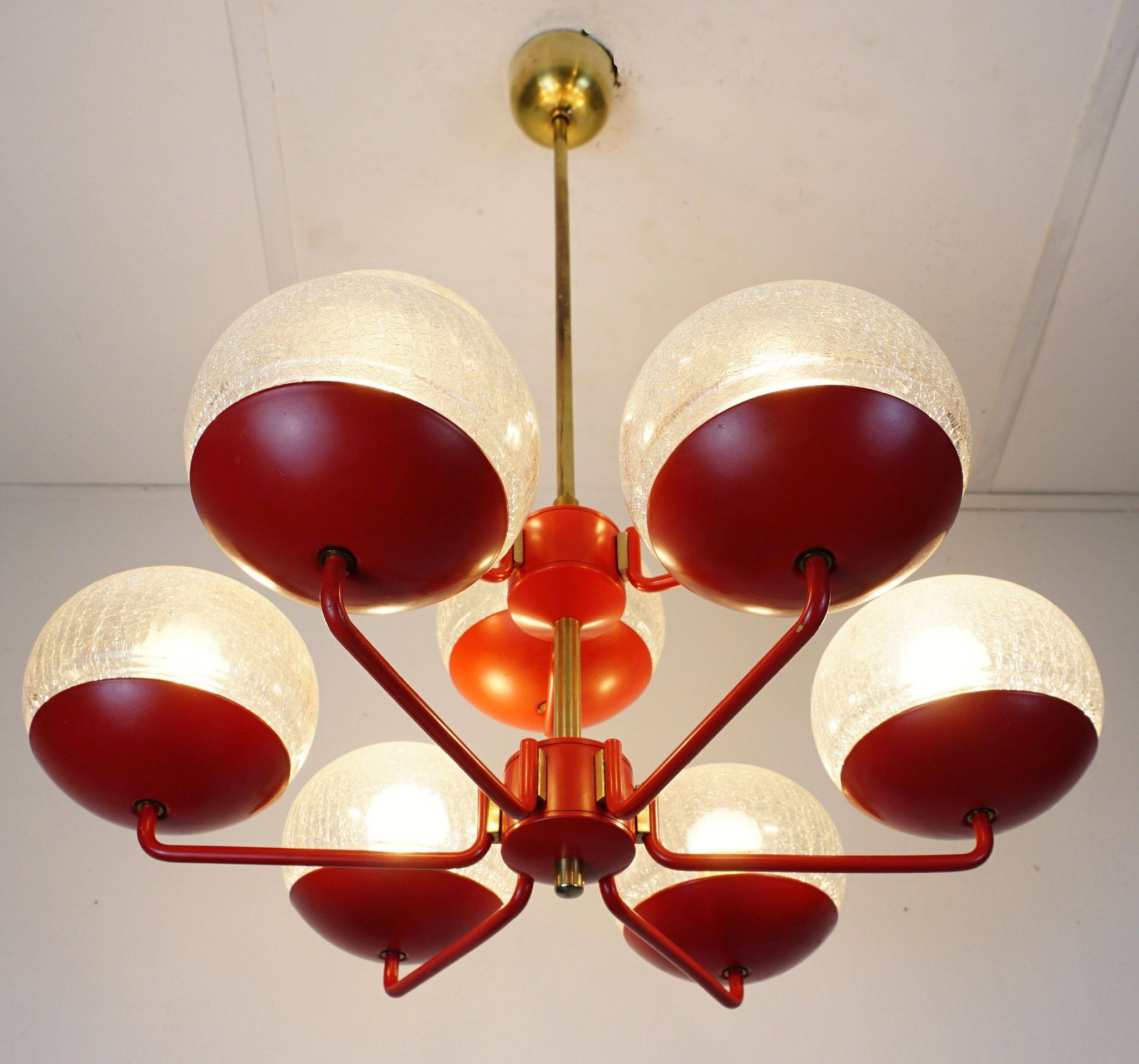 1960s chandelier, red metal and brass, 9 crackle glass shades